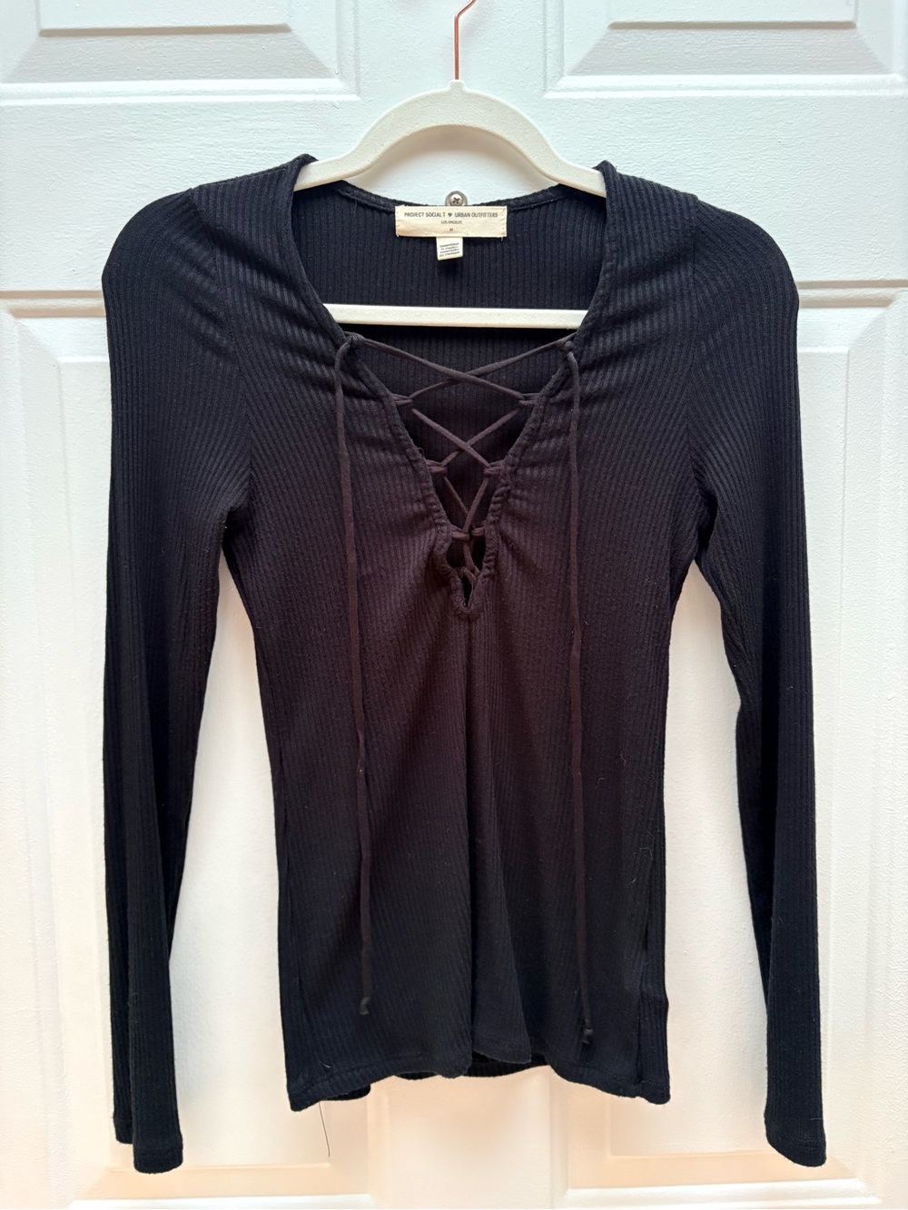 Urban Outfitters Project Social T Black Ribbed Lace-Up Long Sleeve Top